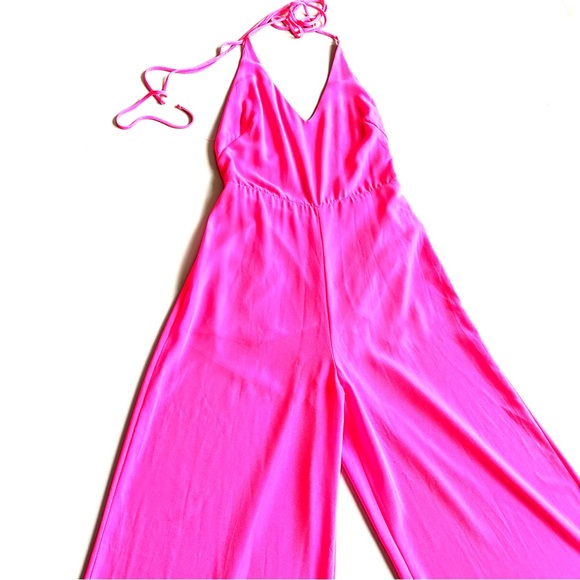Lush Neon Pink Flowy Sheer Strappy Wide Leg Halter Jumpsuit - Picture 1 of 10